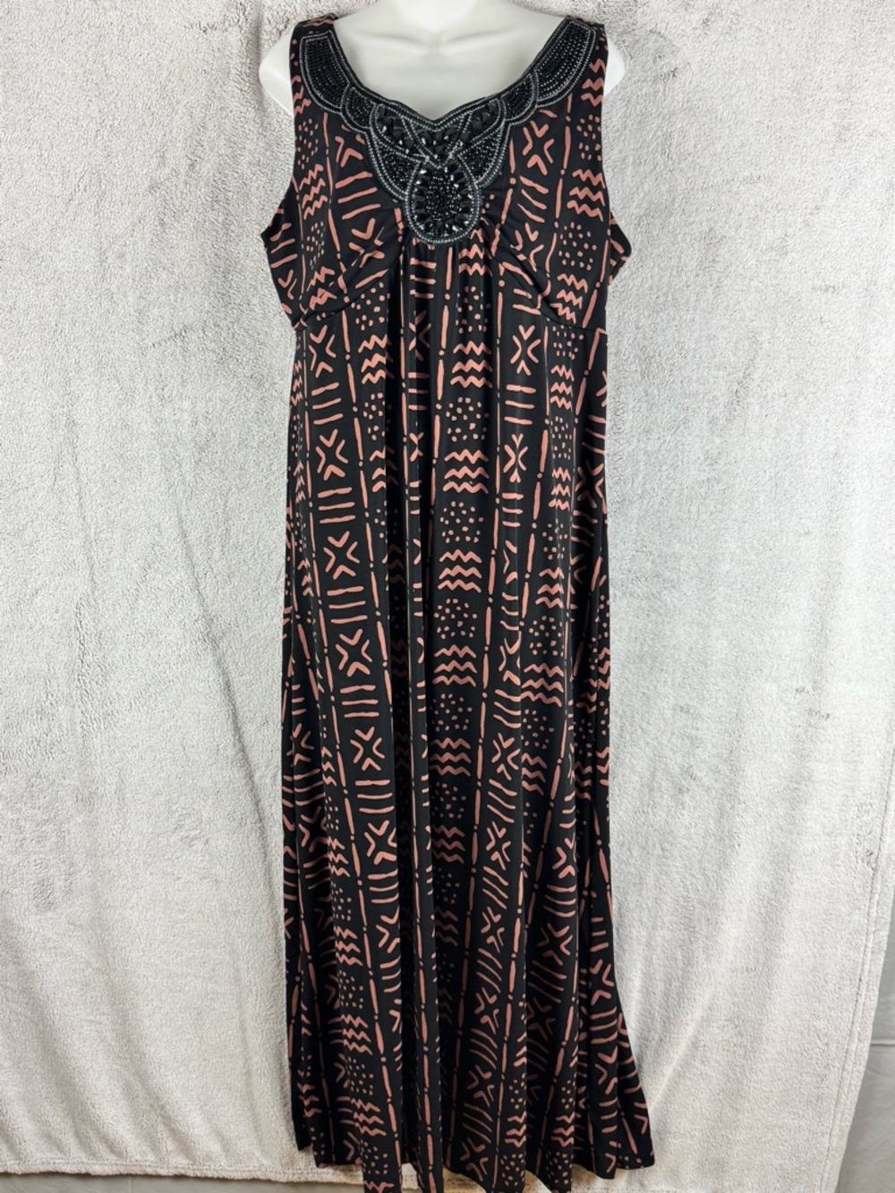 Vintage Sears Sleeveless Black and Rust Patterned Maxi Dress XL 16-18